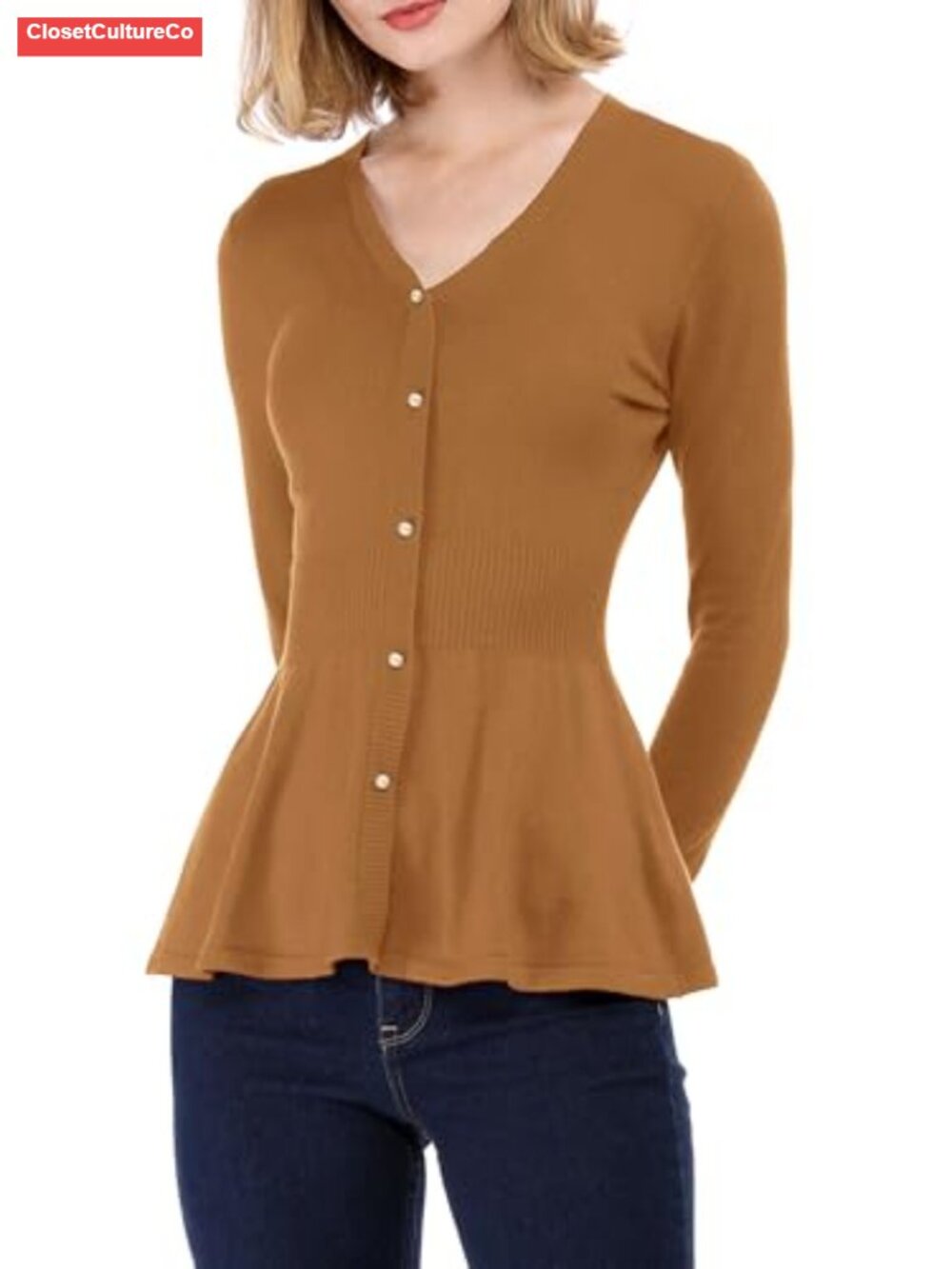 Peplum Sweater V Neck Long Sleeve Knit Cinched Waist Top